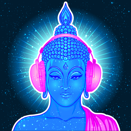 Modern Buddha listening to the music in headphones in neon colors isolated on white. Vector illustration. Vintage psychedelic composition. Indian, Buddhism, trance music. Sticker, patch design.のイラスト素材