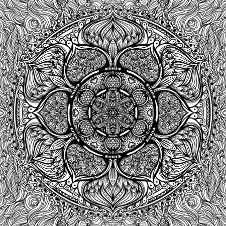 Vector ornamental mandala inspired ethnic art, patterned Indian paisley. Hand drawn illustration. Invitation element. Tattoo, astrology, alchemy, boho and magic symbol.のイラスト素材