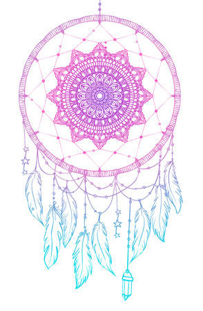 Hand drawn Native American Indian talisman dreamcatcher with feathers and moon. Vector hipster illustration isolated on white. Ethnic design, boho chic, tribal symbol. Coloring book for adults.のイラスト素材