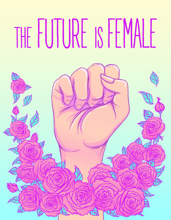 The future is female. Woman's hand with her fist raised up. Girl Power. Feminism concept. Realistic vector illustration in pink  pastel goth colors. Sticker, patch graphic design.のイラスト素材