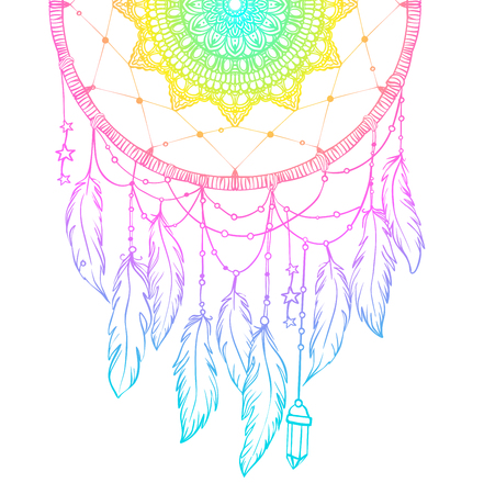 Hand drawn Native American Indian talisman dreamcatcher with feathers and moon. Vector hipster illustration isolated on white. Ethnic design, boho chic, tribal symbol. Coloring book for adults.のイラスト素材