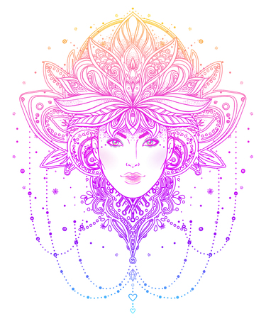 Tribal Fusion Boho Diva. Beautiful Asian divine girl with ornate crown, kokoshnik inspired. Bohemian goddess. Hand drawn elegant illustration. Lotus flower, ethnic art, patterned Indian paisley.のイラスト素材
