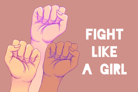 Fight like a girl. 3 Woman's hands with her fist raised up. Girl Power. Feminism concept. Realistic style vector illustration in pink  pastel goth colors. Sticker, patch graphic design.のイラスト素材