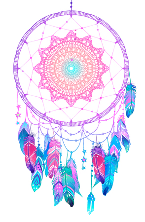 Hand drawn Native American Indian talisman dreamcatcher with feathers and moon. Vector hipster illustration isolated on white. Ethnic design, boho chic, tribal symbol. Coloring book for adults.のイラスト素材