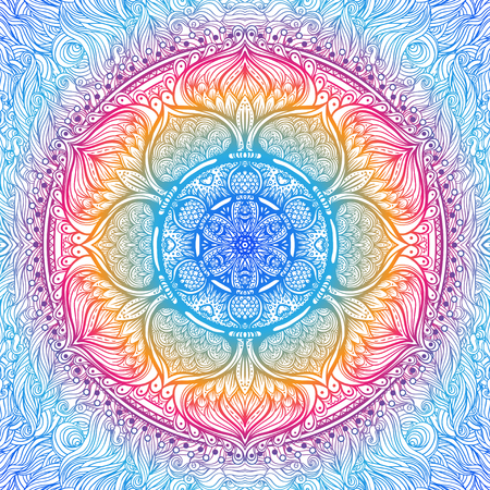 Vector ornamental mandala inspired ethnic art, patterned Indian paisley. Hand drawn illustration. Invitation element. Tattoo, astrology, alchemy, boho and magic symbol.のイラスト素材