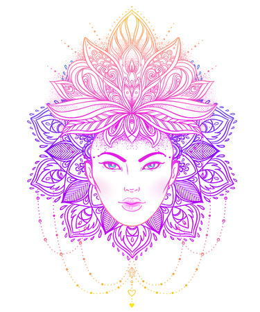 Tribal Fusion Boho Diva. Beautiful Asian divine girl with ornate crown, kokoshnik inspired. Bohemian goddess. Hand drawn elegant illustration. Lotus flower, ethnic art, patterned Indian paisley.のイラスト素材