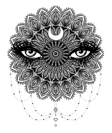 Vector ornamental Lotus flower, all-seeing eye, patterned Indian paisley. Hand drawn illustration. Invitation element. Tattoo, astrology, alchemy, boho and magic symbol. Coloring book for adults.のイラスト素材