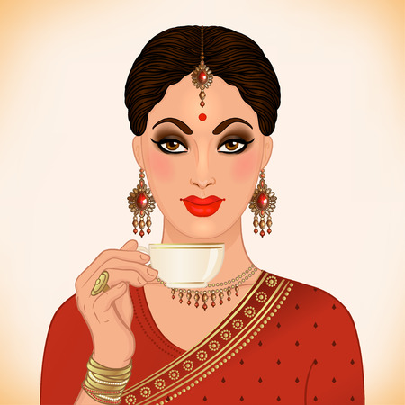 Beautiful Indian woman wearing traditional outfit drinking tea, holding a cup and hand drawn isolated on white background. Indian tea concept.のイラスト素材
