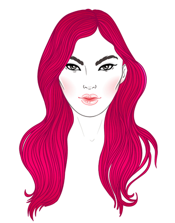 Koran beauty. Fashion illustration. Hairstyle, dyed blue hair. Hand drawn vector art isolated on white. Skincare, professional hairdressing, beauty salon concept. Coloring book for kids and adults.のイラスト素材