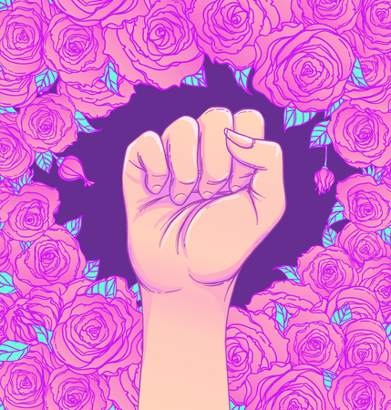 Woman's hand with her fist raised up. Girl Power. Feminism concept. Realistic style vector illustration in pink  pastel goth colors isolated on white. Sticker, patch graphic design.のイラスト素材