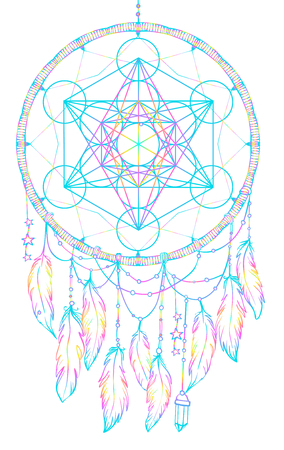 Native American Indian talisman dream catcher with Metatrons Cube, Flower of life, feathers, moon. Vector hipster illustration isolated on white. Ethnic design, boho, dreamcatcher tribal symbol.のイラスト素材