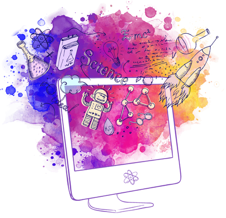 Back to School: e-learning technology concept with computer with science lab objects sketchy composition, vector illustration isolated on white.のイラスト素材
