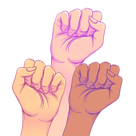 Fight like a girl. 3 Woman's hands with her fist raised up. Girl Power. Feminism concept. Realistic style vector illustration in pink  pastel goth colors. Sticker, patch graphic design.のイラスト素材