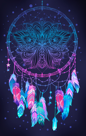 Hand drawn Native American Indian talisman dreamcatcher with feathers and moon. Vector hipster illustration isolated on white. Ethnic design, boho chic, tribal symbol. Coloring book for adults.のイラスト素材