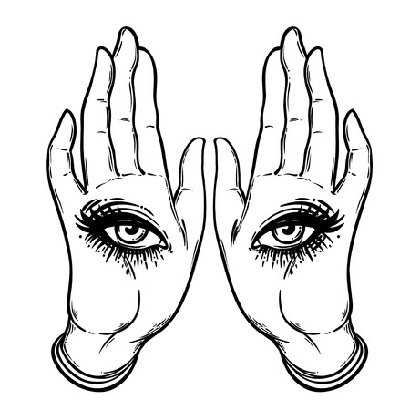 Mysterious creature with eyes on the hands. Hand drawn illustration. Occult design vector illustration.  Dotwork ink tattoo flash design. Vector isolated on white. Astrology, Sacred Spirit.のイラスト素材
