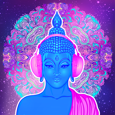 Modern Buddha listening to the music in headphones in neon colors isolated on white. Vector illustration. Vintage psychedelic composition. Indian, Buddhism, trance music. Sticker, patch design.のイラスト素材