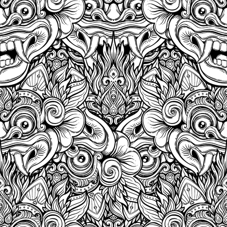 Barong. Traditional ritual Balinese mask. Vector decorative ornate outline black and white seamless pattern. Hindu ethnic symbol, tattoo art, yoga, Bali spiritual design for print, t-shirt, textile.のイラスト素材