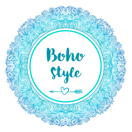 Decorative Indian round lace frame in mandala style. Vintage vector pattern isolated on white. Hand drawn abstract colorful background.Invitation, wedding card, scrapbooking. Tattoo design. Copy spaceのイラスト素材