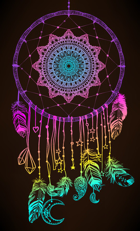 Hand drawn Native American Indian talisman dreamcatcher with feathers and moon. Vector hipster colorful gradient illustration isolated on black. Ethnic design, boho chic, tribal symbol.のイラスト素材