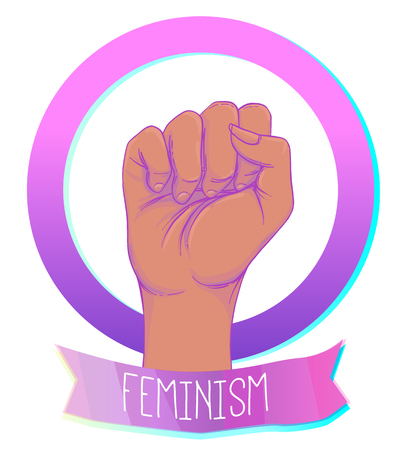 African American Woman's hand with her fist raised up. Girl Power. Feminism, anti-racism concept. Realistic style vector illustration in pink on white. Sticker, patch graphic design.のイラスト素材