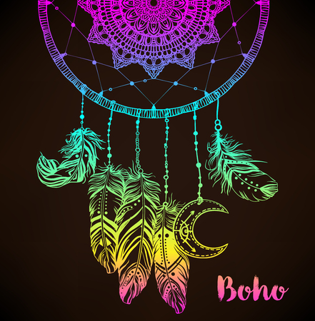 Hand drawn Native American Indian talisman dreamcatcher with feathers and moon. Vector hipster colorful gradient illustration isolated on black. Ethnic design, boho chic, tribal symbol.のイラスト素材
