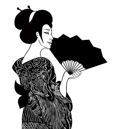 Portrait of traditional beautiful Japanese women with fan. Geisha girl in kimono with dragon pattern, holding a fan with a drawn flowers. Vector illustration isolated on white.のイラスト素材