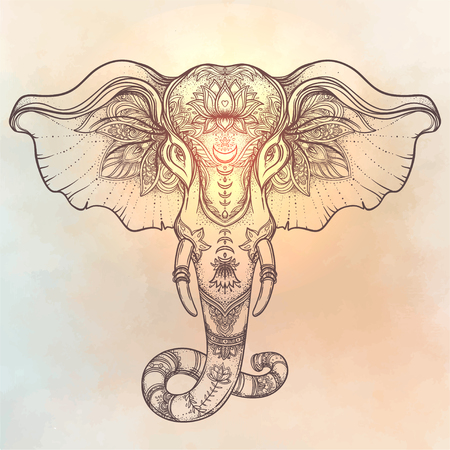 Beautiful hand-drawn tribal style elephant over mandala. Colorful design with boho pattern, psychedelic ornaments. Ethnic poster, spiritual art, yoga. Indian god Ganesha, Indian symbol. T-shirt print.のイラスト素材