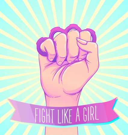 Fight like a girl. Woman's hand with crystal quartz brass knuckles. Fist raised up. Girl Power. Feminism concept. Realistic vector illustration in pastel goth colors. のイラスト素材