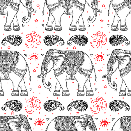 Beautiful hand-drawn tribal style elephant. Seamless pattern design, ornaments. Ethnic background, spiritual art, yoga. Indian god Ganesha, Thai symbol. T-shirt print, postersのイラスト素材