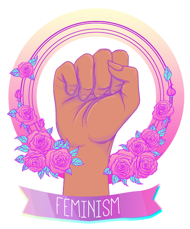 Fight like a girl. Woman's hand with crystal quartz brass knuckles. Fist raised up. Girl Power. Feminism concept. Realistic vector illustration in pastel goth colors.のイラスト素材