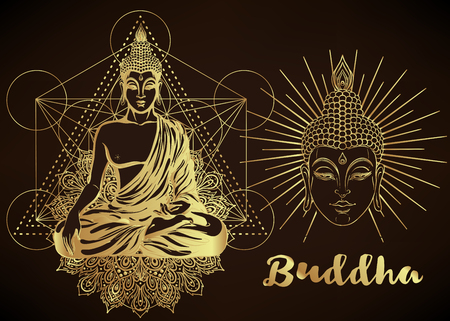 Yoga, meditation vector illustration set. Hindu paisley motifs. Buddha, spirituality, prints, ornamental floral elements with henna drawing, golden stickers, flash temporary tattoo, cards and prints.のイラスト素材