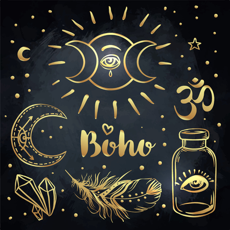Boho chic dreamcatcher illustration set. Hindu paisley motifs. Gold spirituality, prints, ornamental floral elements with henna design, golden stickers, flash temporary tattoo, cards and prints.のイラスト素材
