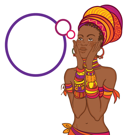 Surprised African woman with speech bubble. Pretty African American Girl holding face.のイラスト素材