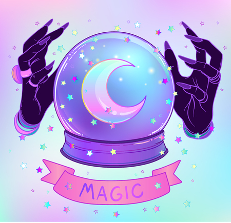 Crystal Ball with purple female alien hands over gradient mesh background. Creepy cute vector illustration. Gothic design, mystic magician symbol, pastel colors. Future telling, Halloween concept.のイラスト素材