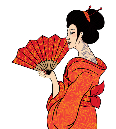 Portrait of traditional beautiful Japanese women with fan. Geisha girl in kimono with dragon pattern, holding a fan with a drawn flowers. Vector illustration isolated on white. のイラスト素材