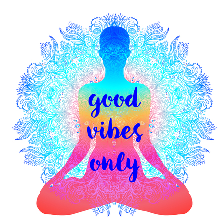 Sitting Buddha silhouette. Vintage decorative vector illustration. Hand drawn mandala. Mehenidi ornate decorative style. Yoga studio, Indian, Buddhism, Esoteric motifs. Tattoo, yoga, spirituality.のイラスト素材