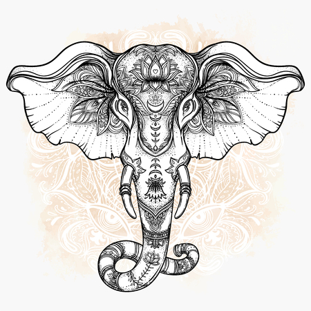 Beautiful hand-drawn tribal style elephant over mandala. Colorful design with boho pattern, psychedelic ornaments. Ethnic poster, spiritual art, yoga. Indian god Ganesha, Indian symbol. T-shirt print.のイラスト素材