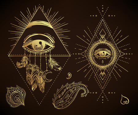 Boho chic dreamcatcher illustration set. Hindu paisley motifs. Gold spirituality, prints, ornamental floral elements with henna design, golden stickers, flash temporary tattoo, cards and prints.のイラスト素材