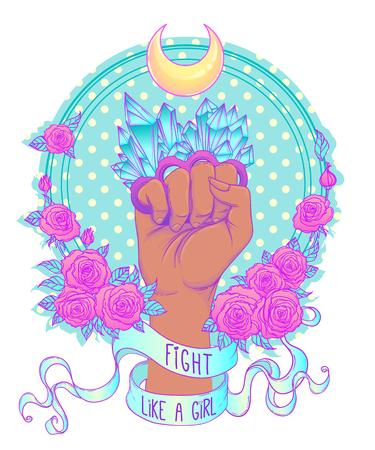 Fight like a girl. Woman's hand with crystal quartz brass knuckles. Fist raised up. Girl Power. Feminism concept. Realistic vector illustration in pastel goth colors.のイラスト素材