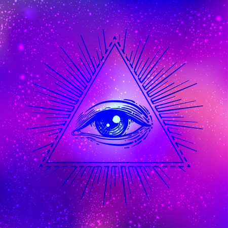 All seeing eye. Vector bright colorful cosmos illustration. Cosmic background with stars. Hand-drawn Eye of Providence. Alchemy, religion, spirituality, occultism, tattoo art. Conspiracy theory.のイラスト素材