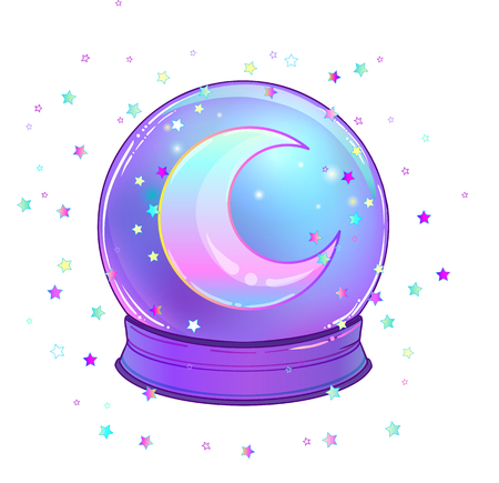 Crystal Ball with with rainbow moon and colorful stars isolated on white. Creepy cute vector illustration. Gothic design, mystic magic symbol, pastel colors. Future telling, Halloween concept.のイラスト素材