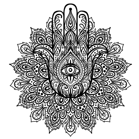 Vector Indian hand drawn hamsa over round mandala pattern. Ethnic ornaments. Popular Arabic and Jewish amulet. Vector illustration. Coloring book.のイラスト素材