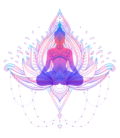 Sitting Buddha silhouette over ornamental Lotus flower. Esoteric vector illustration. Vintage decorative, Indian, Buddhism, spiritual art. Hippie tattoo, spirituality, Thai god, yoga zen.のイラスト素材