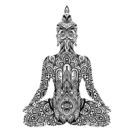 Sitting Buddha silhouette. Vintage decorative vector illustration isolated on white. Mehenidi ornate decorative style. Yoga studio, Indian, Buddhism, Esoteric coloring book for adults.のイラスト素材
