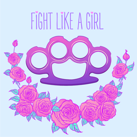 Fight like a girl. Purple brass knuckles icon in cartoon style isolated on white background のイラスト素材