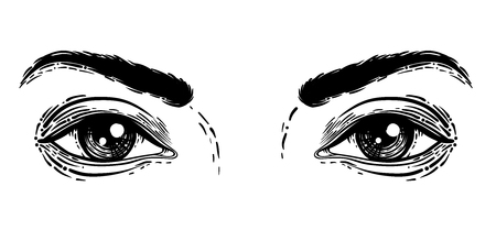 Vector illustration of human eyes in engraved style. Hand drawing atrwork in black isolated on white.のイラスト素材