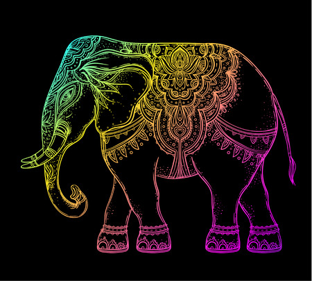Beautiful hand-drawn tribal style elephant over mandala. Colorful design with boho pattern, psychedelic ornaments. Ethnic poster, spiritual art, yoga. Indian god Ganesha, Indian symbol. T-shirt print.のイラスト素材