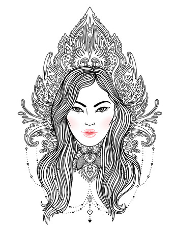 Tribal Fusion Boho Diva. Beautiful divine girl with ornate crown, kokoshnik inspired. Bohemian goddess. Hand drawn elegant illustration. Lotus flower, ethnic art, patterned Indian paisley. のイラスト素材