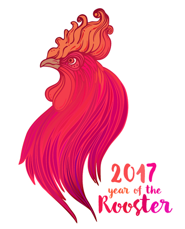 Rooster, Chinese zodiac symbol of the 2017 year. Colorful vector illustration isolated on white. Zentangle inspired. Head of cock in red colors. Design for t-shirt print, greeting card, calendar. のイラスト素材