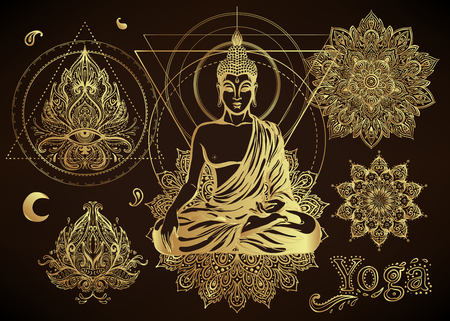 Yoga, meditation vector illustration set. Hindu paisley motifs. Buddha, spirituality, prints, ornamental floral elements with henna drawing, golden stickers, flash temporary tattoo, cards and prints.のイラスト素材